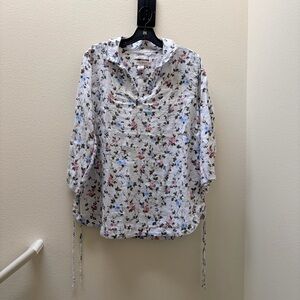 Laura Ashley White Floral Blouse 100% Linen Long Sleeve 1X